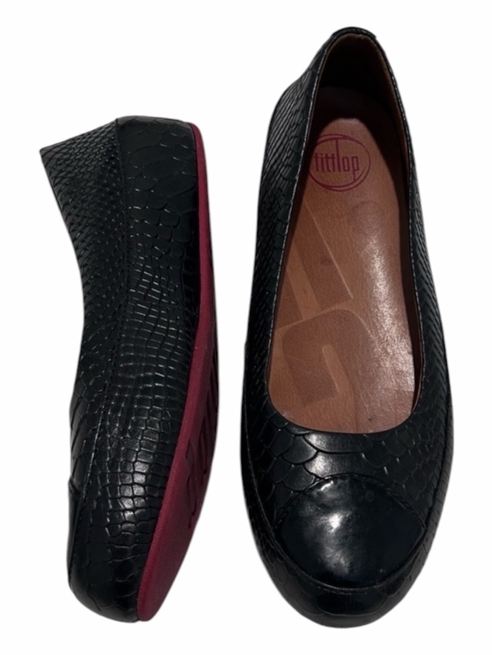 FitFlop Snakeskin Leather Flats Size 7.5 Black Due Ballet Platform Supportive